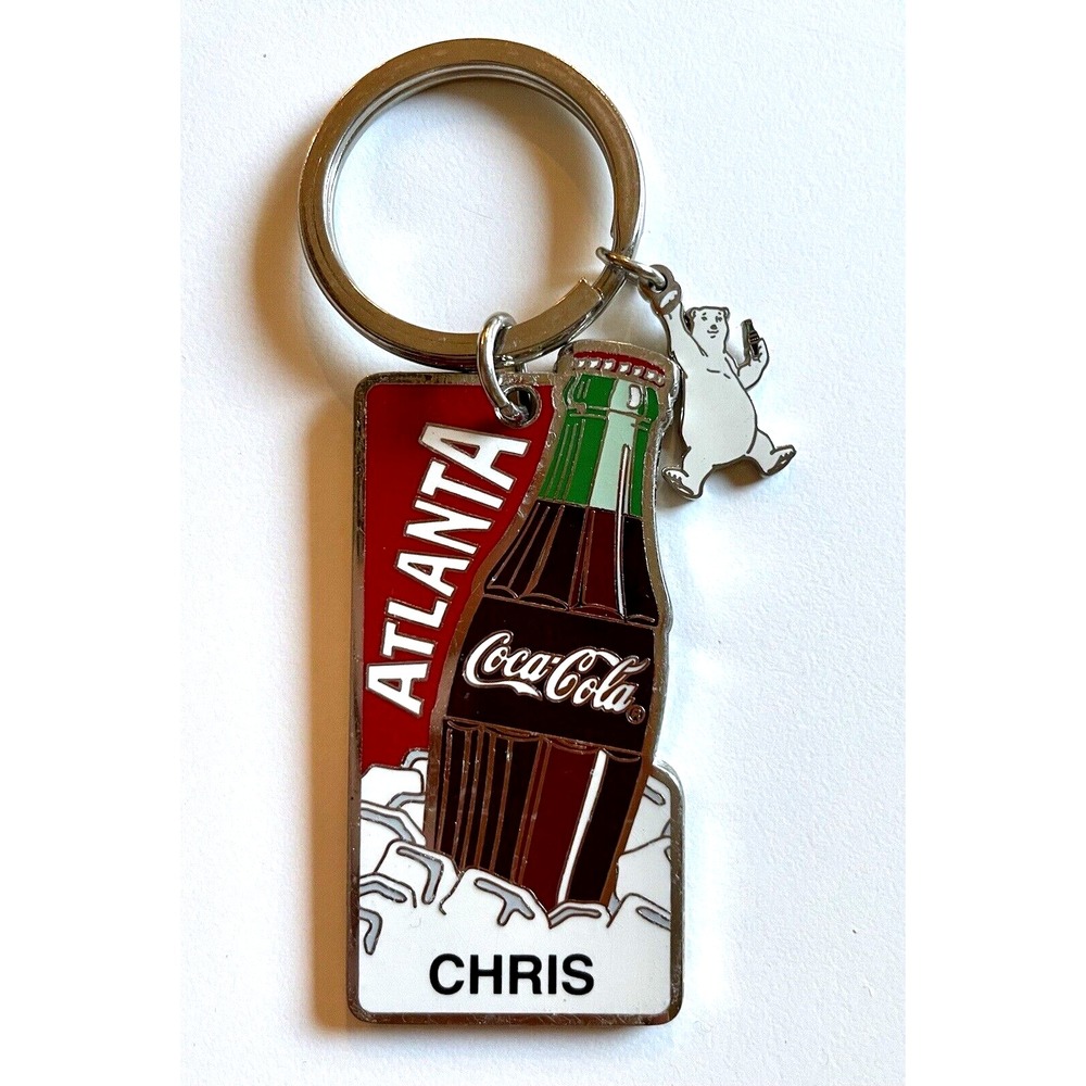 Coke Coca Cola "Chris" Atlanta Polar Bear Metal Keyring Keychain Soda Pop